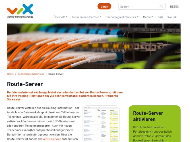 The website screenshot for https://www.vix.at/vix_routeserver.html