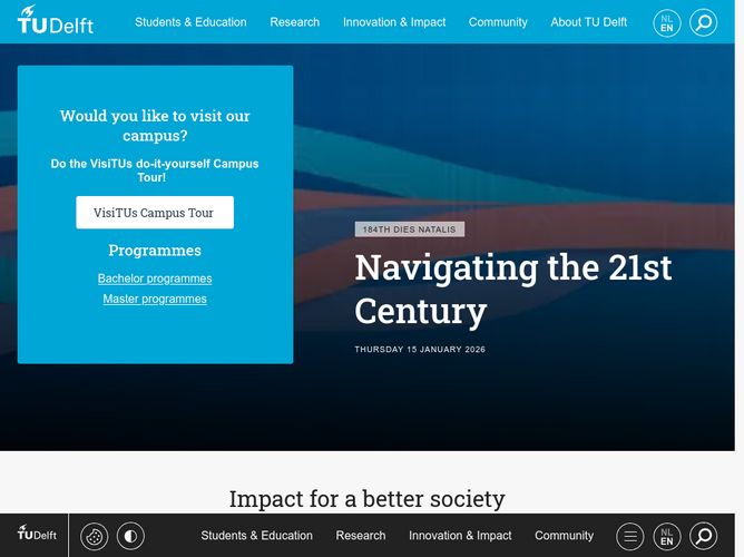 The website screenshot for https://www.tudelft.nl/en/