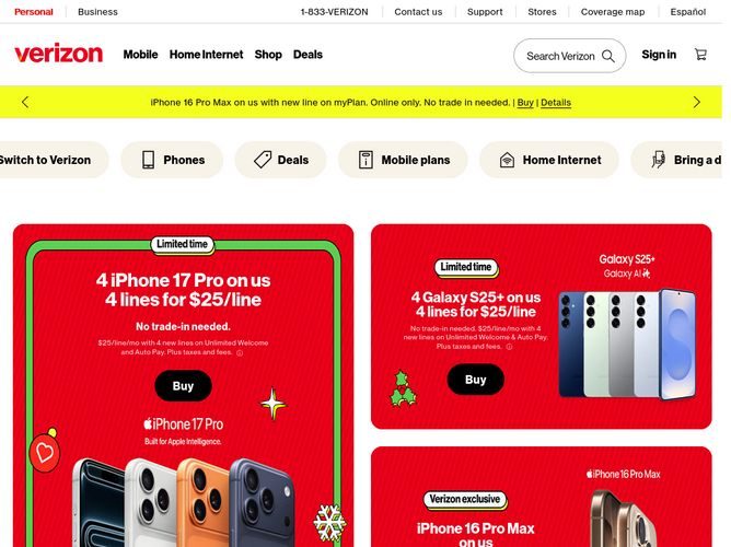 The website screenshot for http://verizon.com
