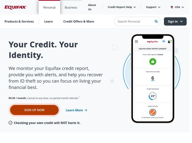 The website screenshot for http://equifax.com