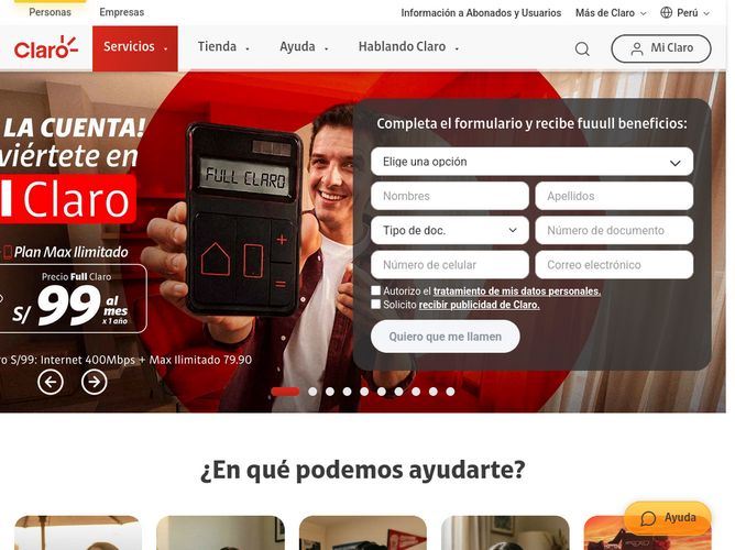 The website screenshot for http://www.claro.com.pe