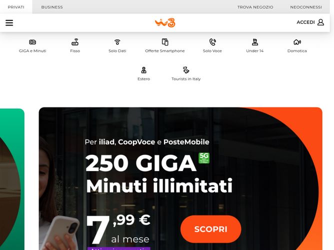 The website screenshot for https://www.windtre.it/