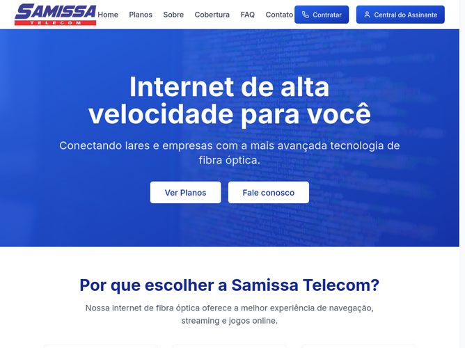 The website screenshot for http://www.samissatelecom.com.br
