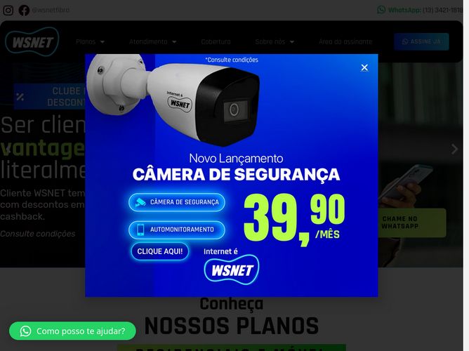 The website screenshot for https://wsnetfibra.com.br/