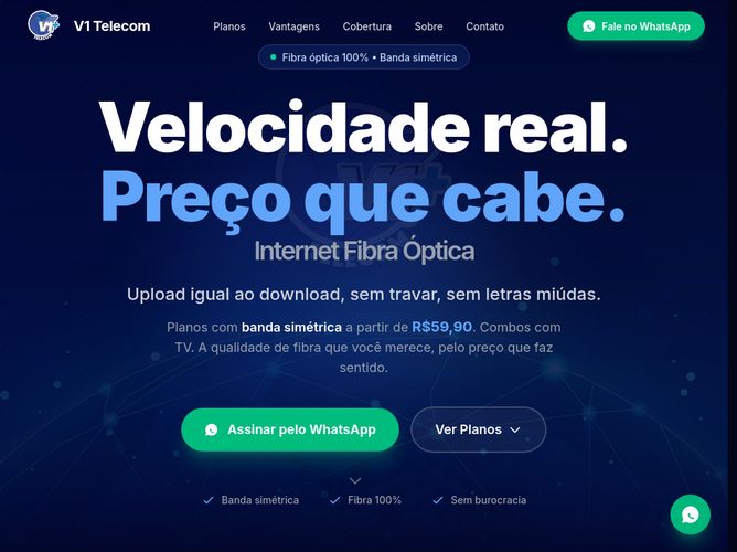 The website screenshot for http://www.v1telecom.com.br