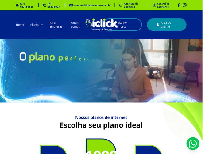 The website screenshot for https://iclicktelecom.com.br