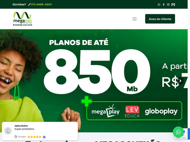 The website screenshot for https://meganetsalto.com.br