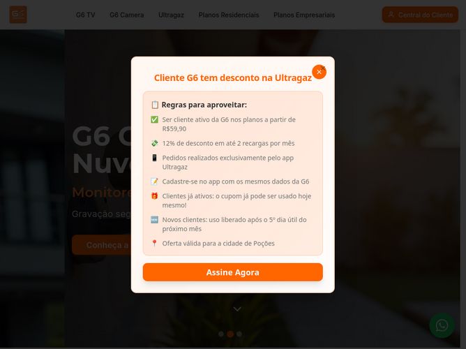 The website screenshot for http://www.g6telecom.com.br