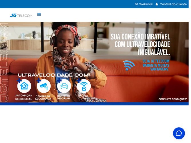 The website screenshot for https://www.jgtelecom.net.br/