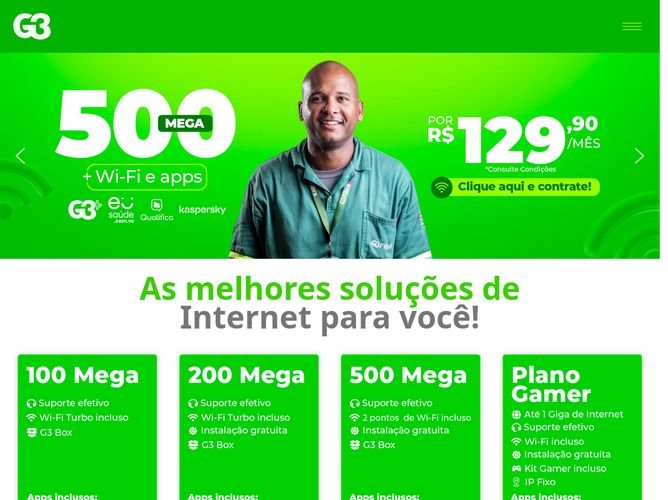 The website screenshot for http://www.g3telecom.net.br