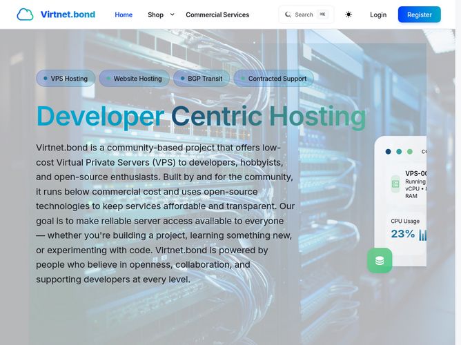 The website screenshot for https://virtnet.bond