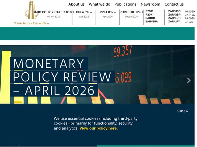The website screenshot for https://www.resbank.co.za