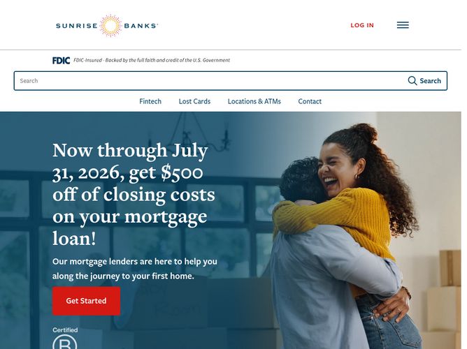 The website screenshot for http://sunrisebanks.com