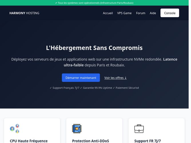 The website screenshot for https://harmony-hosting.com