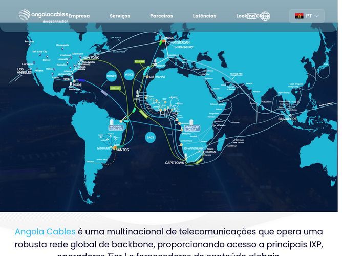 The website screenshot for https://www.angolacables.co.ao/