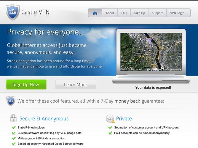 The website screenshot for http://castlevpn.com