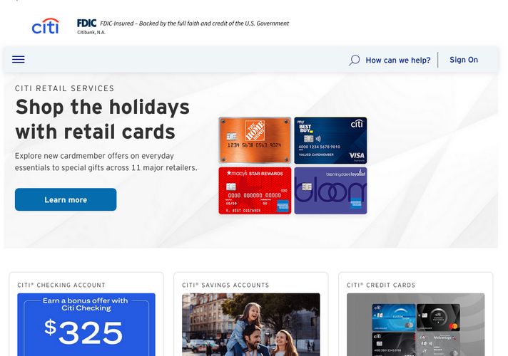 The website screenshot for http://citi.com