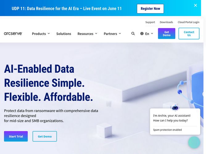 The website screenshot for http://arcserve.com