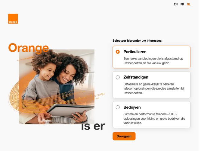 The website screenshot for https://www.orange.be