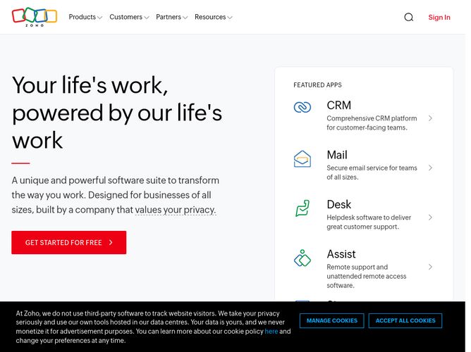The website screenshot for http://www.zoho.in