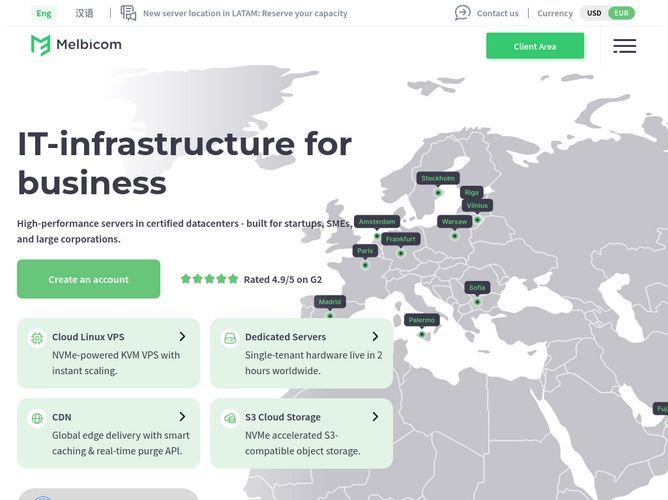 The website screenshot for https://melbicom.net
