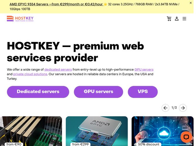 The website screenshot for http://www.hostkey.com