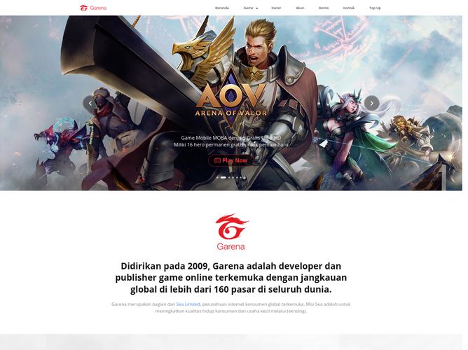 The website screenshot for https://www.garena.co.id/