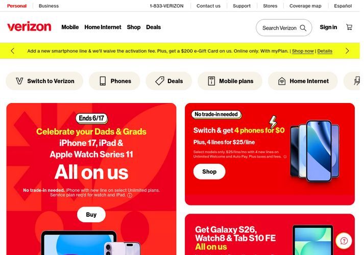 The website screenshot for http://verizonwireless.com