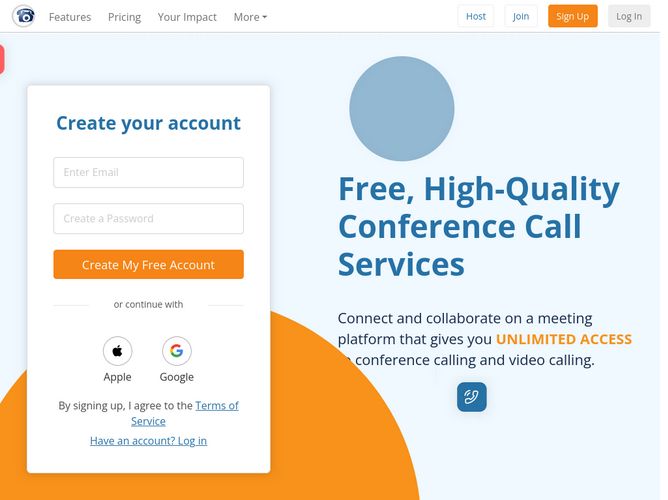 The website screenshot for https://freeconferencecall.com