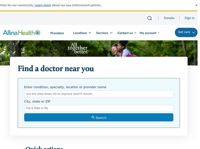 The website screenshot for http://allina.com