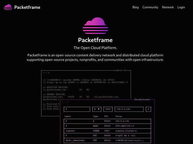 The website screenshot for https://packetframe.com