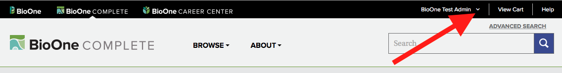 A screenshot of the black bar that appears at the top of each page. A red arrow points to the small arrow that appears next to your name when signed in.