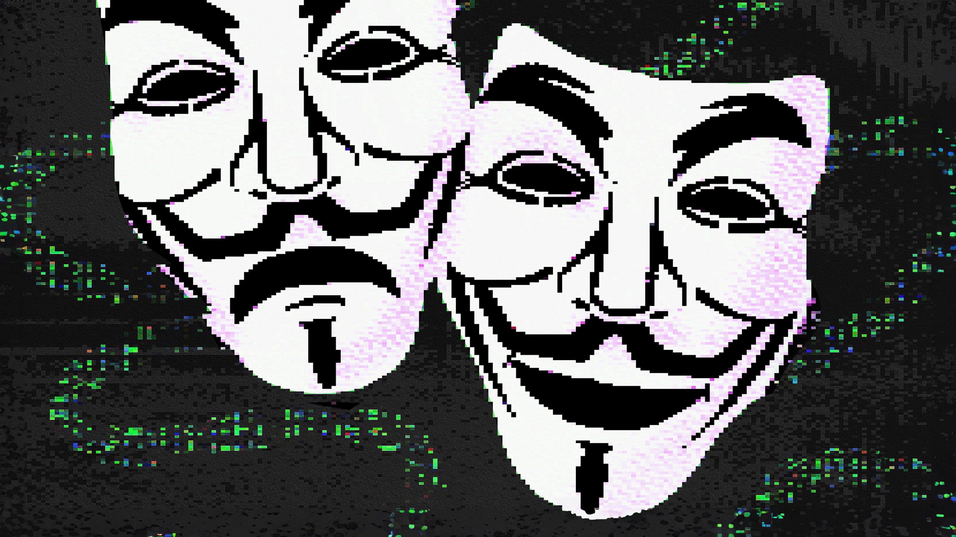 Two Guy Fawkes masks in a pixelated, digital art style with one mask smiling and the other frowning, set against a dark background with faint green patterns.