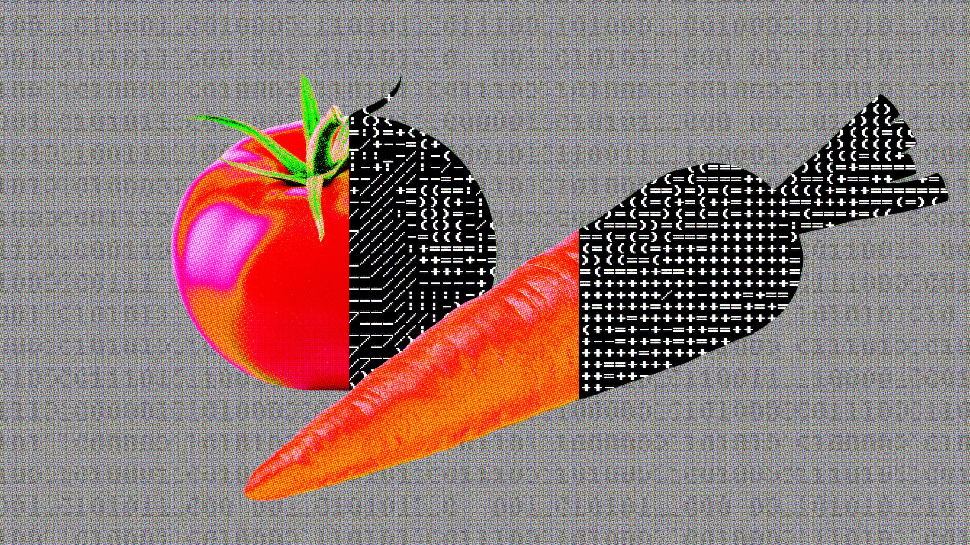 Image of a tomato and carrot, each partially overlaid with a black and white digital circuit pattern. The background is a gray, circuit-like texture.