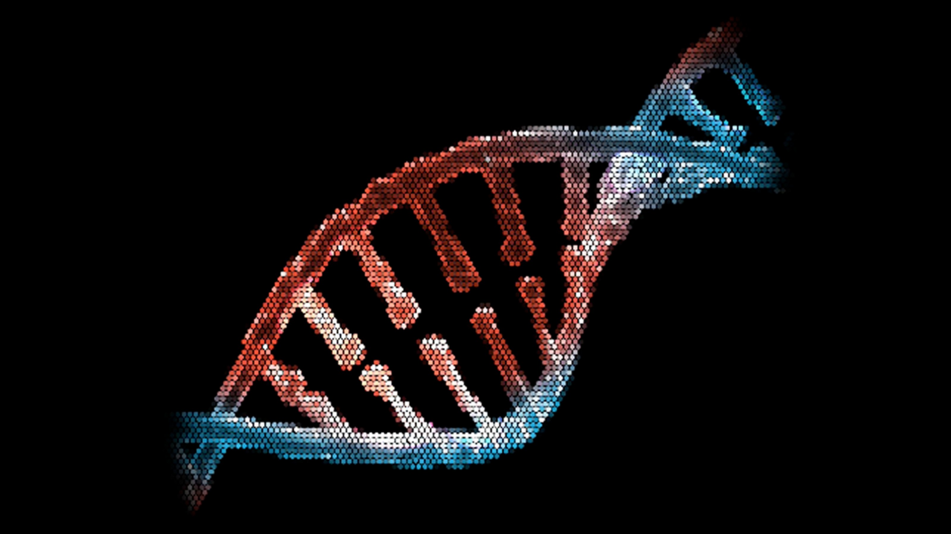 Digital illustration of a DNA double helix in red and blue, set against a black background.