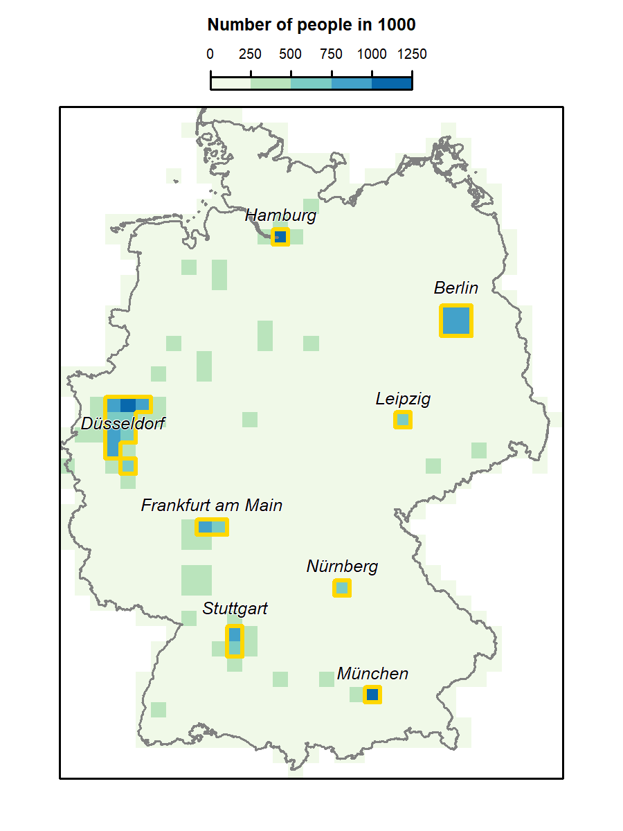 The aggregated population raster (resolution: 20 km) with the identified metropolitan areas (golden polygons) and the corresponding names.