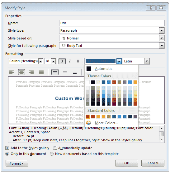 Modify the styles of an element in a Word document.