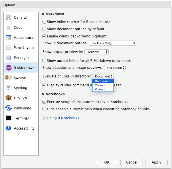 Change the default working directory for all R Markdown documents in RStudio.