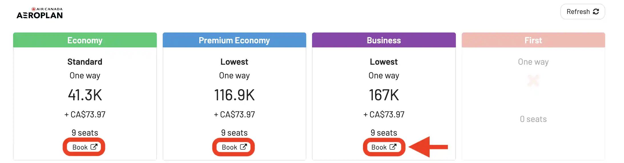 AwardFares redirects you to Air Canada's website to book Aeroplan award flights.