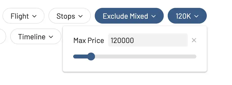 Search results for award flights on AwardFares (Max Price filter).