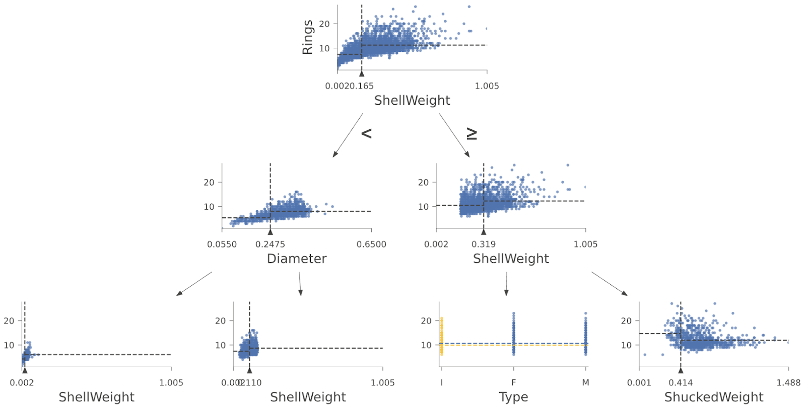 Illustration of the first few layers of a regressor tree from a Random Forest trained on the Abalone data set