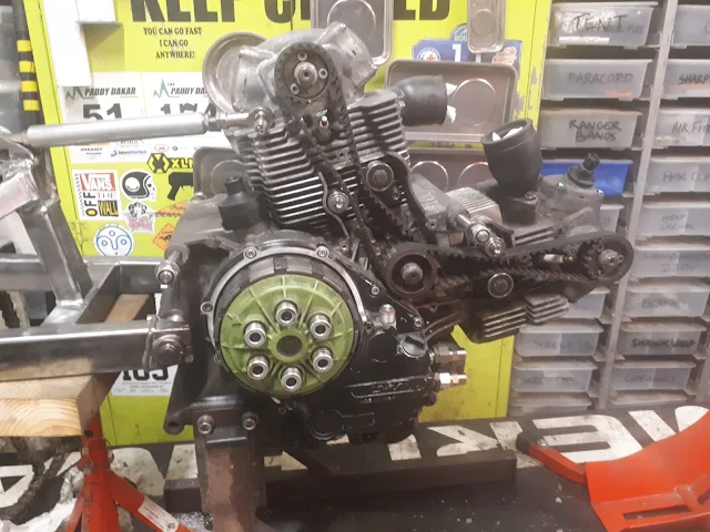 Ratty 1000DS motor with titanium bling and new chain rollers. New belts are on the way Mercenary Garage Custom Motorcycle Blog Ducati Superlight Superscura Sprint Drag bike Build 110 Stretched Steel 759SS Swingarm