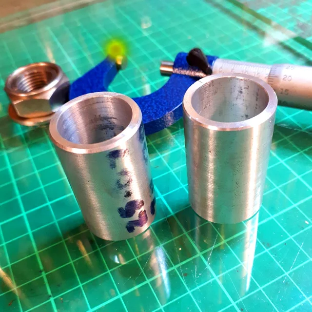 Two sleeves, OD 25.07 mm, ID 20.00 mm and length 38 mm were turned on the lathe. Two sleeves, OD 25.07 mm, ID 20.00 mm and length 38 mm were turned on the lathe.