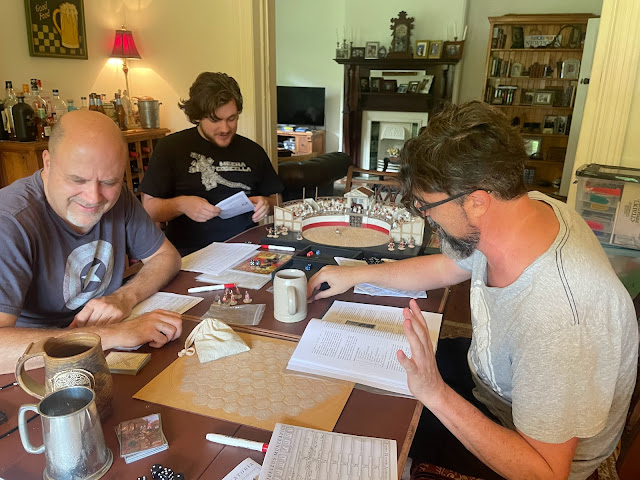 Alan, Reilly and Frank playtesting Blood on the Sands gladiator game