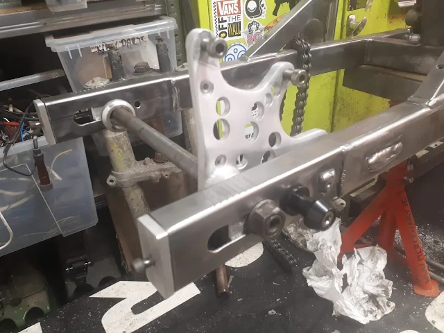 Swingarm again Mercenary Garage Custom Motorcycle Blog Ducati Superlight Superscura Sprint Drag bike Build 110 Stretched Steel 759SS Swingarm