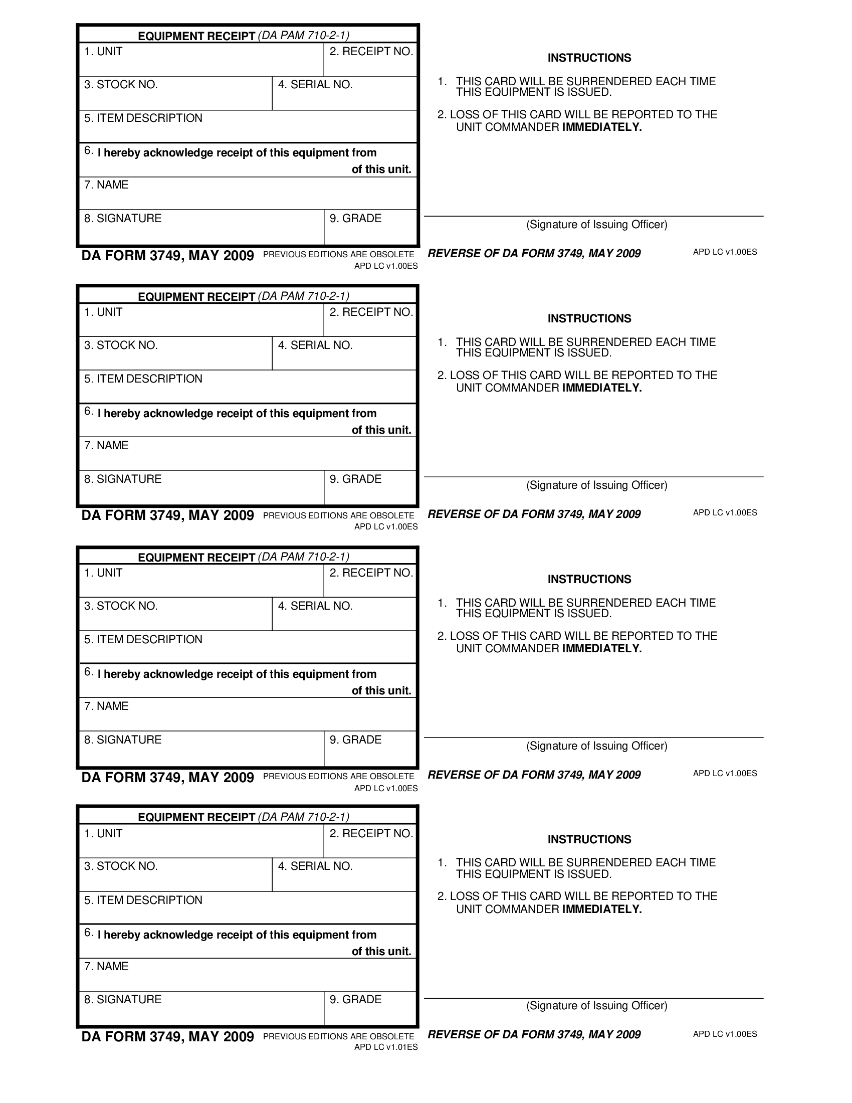 DA Form 3749. Equipment Receipt | Forms - Docs - 2023