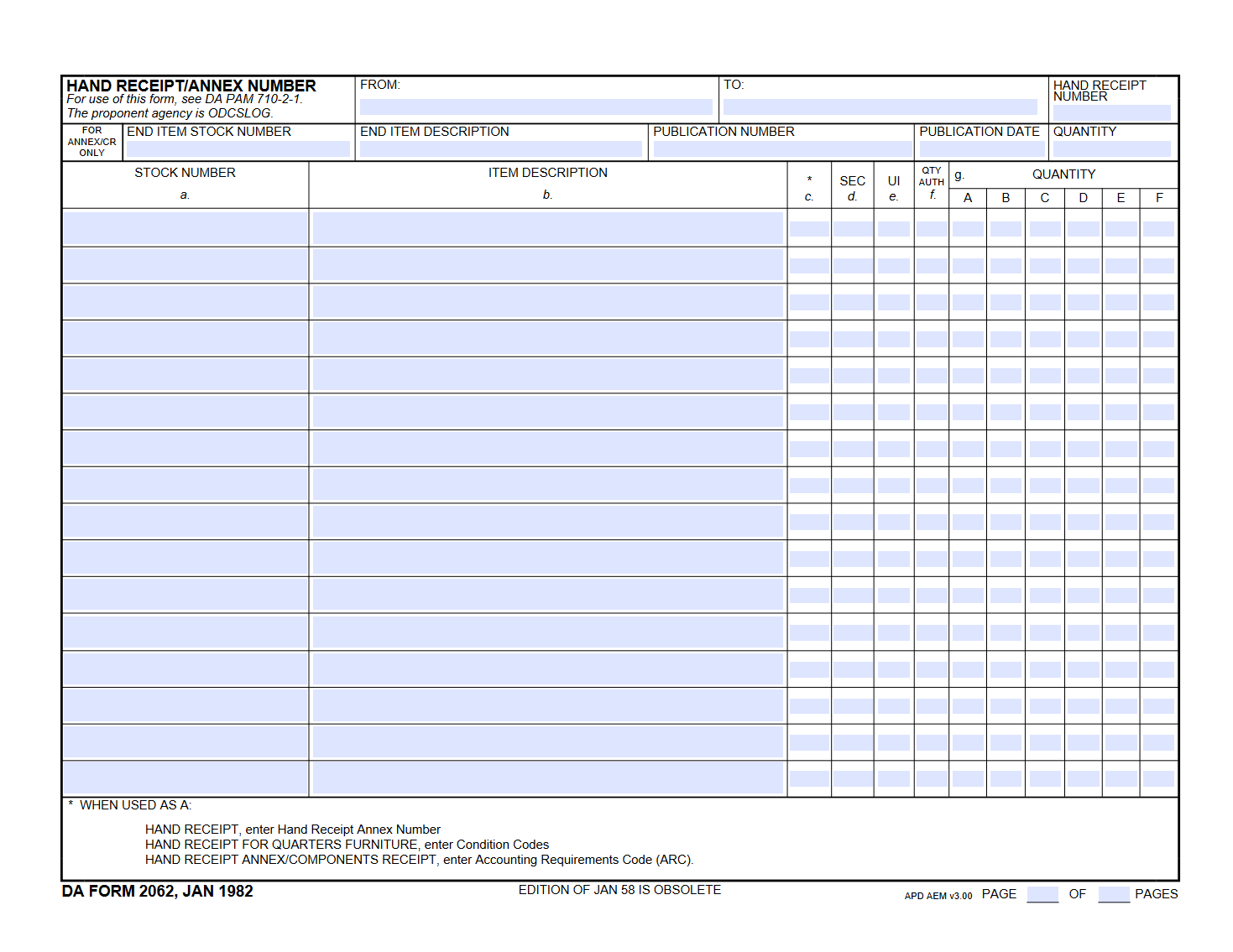 DA Form 2062. Hand Receipt | Forms - Docs - 2023