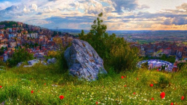 風景,丘,イタリア,草,アートワーク,パノラマ