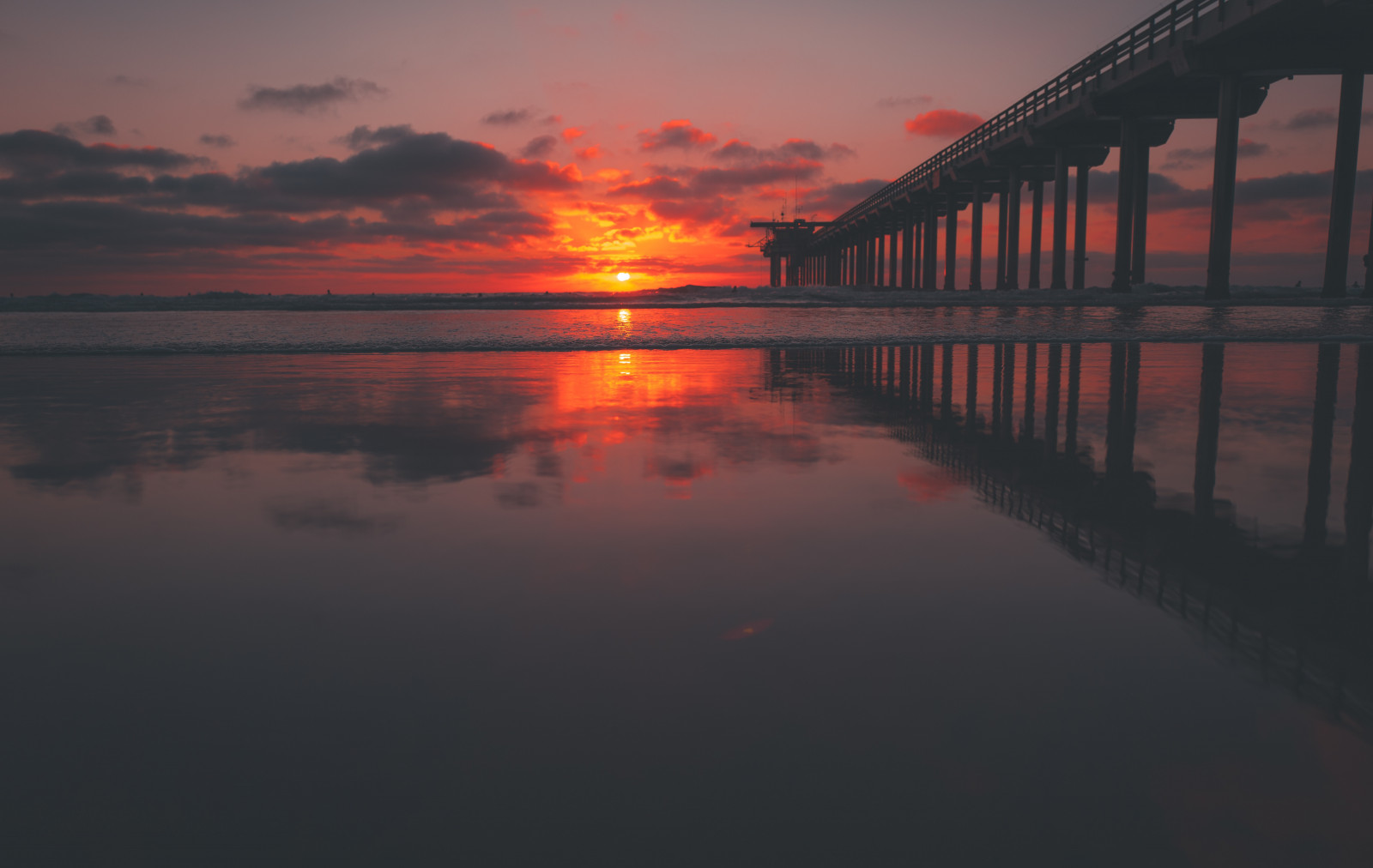 zee, pier, zonsondergang, hemel