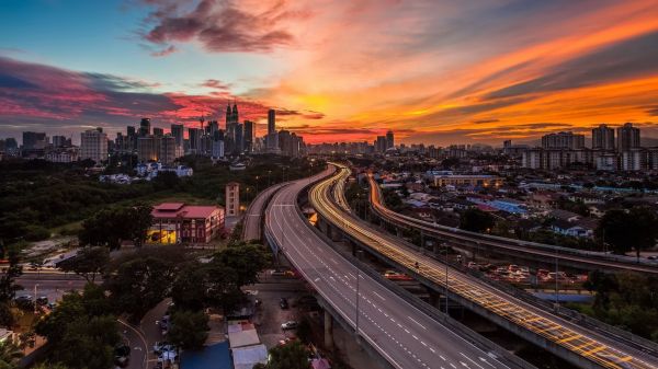 road,cityscape,sunset